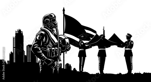 Pilot and Soldiers Honor Flag with Jet Silhouette and Cityscape