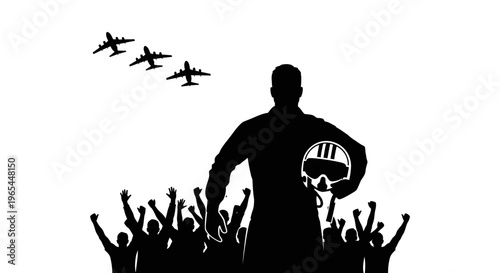Pilot Silhouette with Crowd and Airplanes