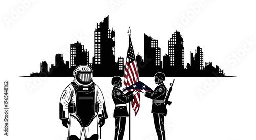 Post-Apocalyptic Cityscape with Soldiers Raising Flag and Hazmat Suit Figure
