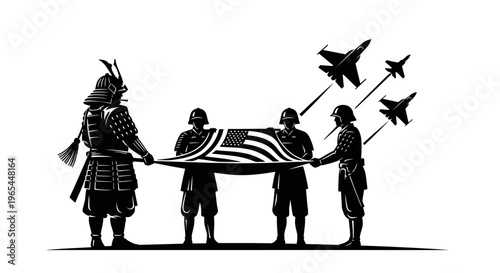 Samurai and Soldiers Honor Flag with Fighter Jets Flyover