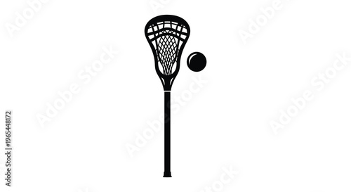 A black lacrosse stick and ball are displayed against a white background forming a striking silhouette high quality