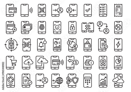 Line-style smartphone icons representing mobile app functions and technology