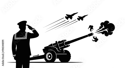 Sailor Salutes Military Cannon Firing with Fighter Jets Flying Overhead
