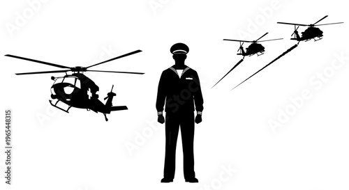 Silhouette of Navy Officer with Helicopters Flying