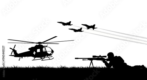 Silhouette of military sniper aiming at fighter jets flying over helicopter and grass