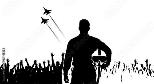 Silhouette of Pilot with Fighter Jets Flying Overhead and Cheering Crowd