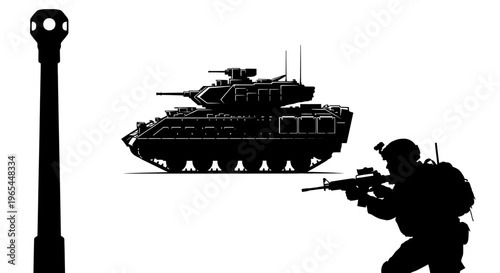 Silhouette of Soldier Aiming Rifle Near Bradley Fighting Vehicle and Tall Structure