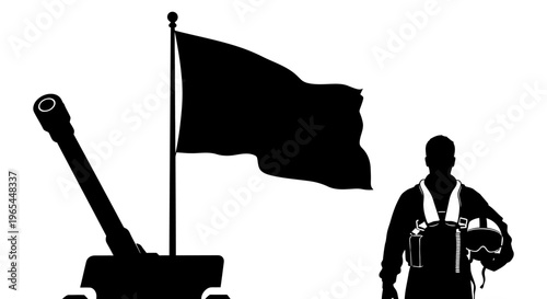 Silhouette of Pilot, Tank, and Flag: Symbolizing Military Power, Freedom, and Patriotism