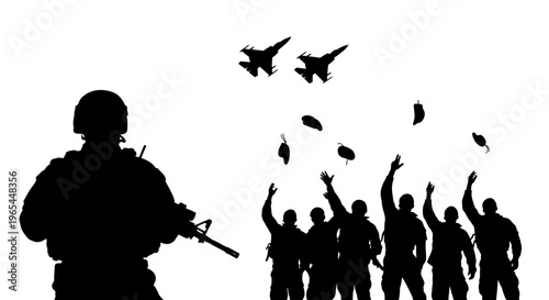 Silhouette of Soldier and Fighter Jets with Crowd Cheering
