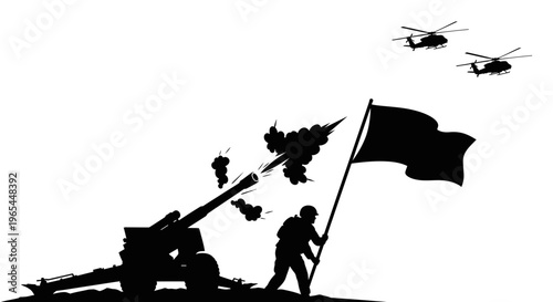 Silhouette of Soldier with Cannon and Helicopters in Combat Scene