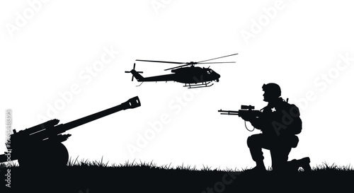 Silhouette of Soldier, Artillery, and Helicopter in Combat Formation