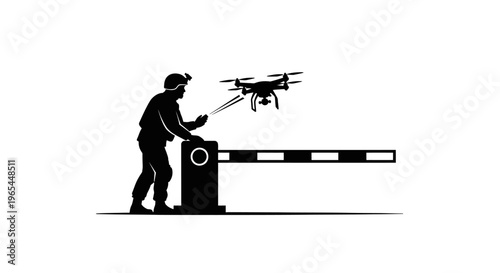 Soldier controlling drone near barrier gate, surveillance, security, technology concept