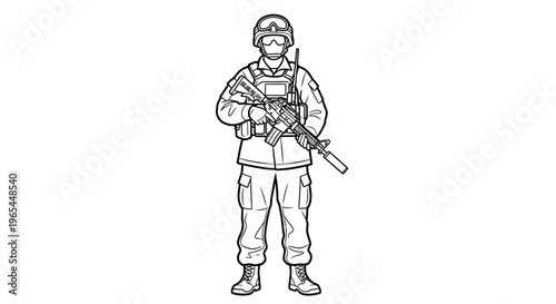 Soldier in Full Gear Holding Rifle, Military Uniform, Tactical Vest, Helmet, Ready for Action