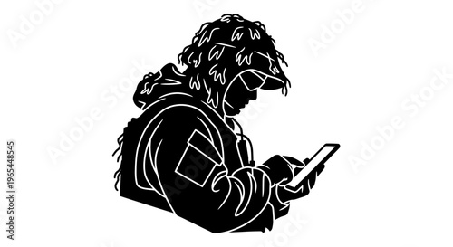 Soldier in camouflage using smartphone in tactical gear, modern warfare communication concept