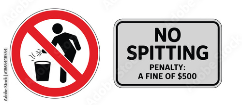 No spitting sign illustration, prohibition warning symbol with red circle slash for hygiene, public health safety, and sanitation compliance signage.