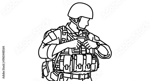 Soldier in tactical gear adjusting vest, military training, combat readiness