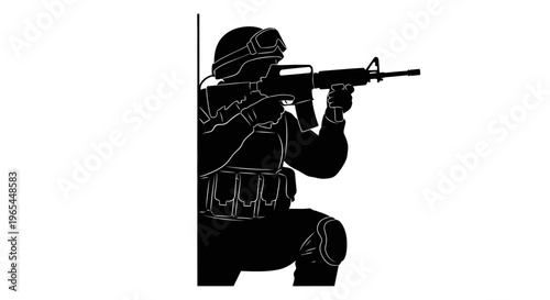 Soldier in tactical gear aiming assault rifle, crouching behind cover, military action silhouette
