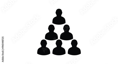 A pyramid of six black human head silhouettes arranged in tiers representing hierarchy and teamwork silhouette high quality