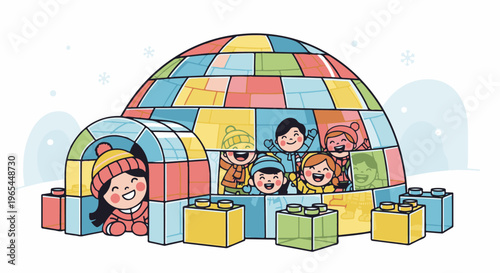 Diverse children joyfully gather inside a colorful, block-built igloo during winter