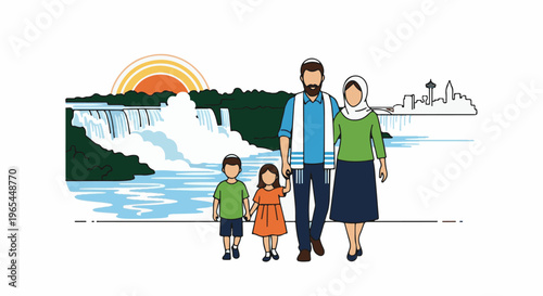 Diverse family by cascading waterfall with city skyline backdrop