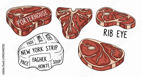 Diverse cuts of beef, including porterhouse, T-bone, ribeye, and New York strip