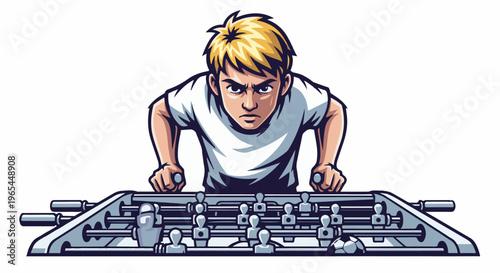Determined young person intensely playing a foosball table game