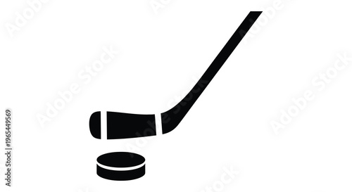 A minimalistic depiction shows a hockey stick and puck against a white background presented as a silhouette