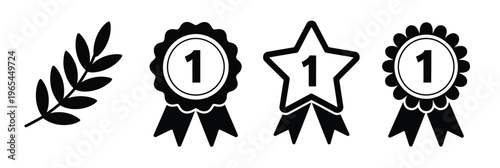 Number one gold badge illustration, premium award emblem logo for winner ranking, achievement recognition, and excellence branding design.