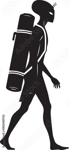 Alien traveler with backpack walking profile vector silhouette illustration extraterrestrial