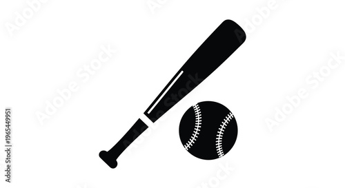 A striking black graphic depicts a baseball bat and ball creating a minimalist sports icon silhouette high quality