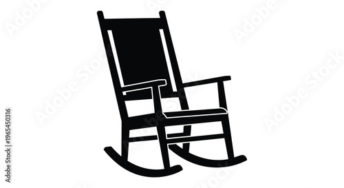 A stark black silhouette of a classic wooden rocking chair elegantly posed against a white backdrop silhouette