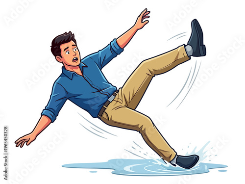  falling on a wet floor, illustrating an accident or slippery hazard, in a flat vector style