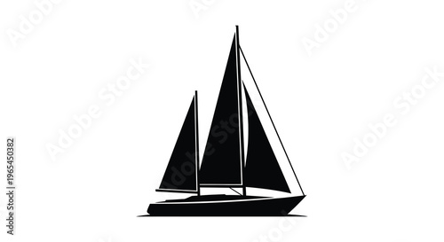 A striking black silhouette of a sailboat with two prominent masts and sails against a white background silhouette