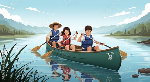 Canoe Team On Lake.