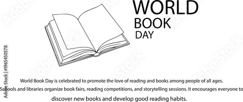 Black and white World Book Day open book vector illustration for reading celebration and literature awareness design