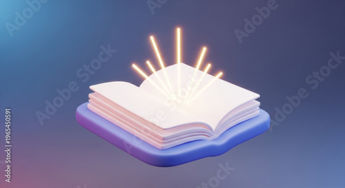 Open book with glowing lines on purple background symbolizing knowledge and inspiration