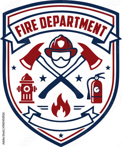 Fire Department Badge Shield Logo Vector — Firefighter Emblem with Crossed Axes, Helmet, Fire Hydrant, Extinguisher and Flame Red Navy Blue Design