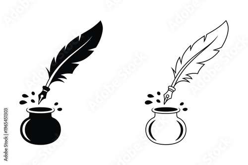 Quill pen and inkwell icon set on white background for writing and literature Vector illustration