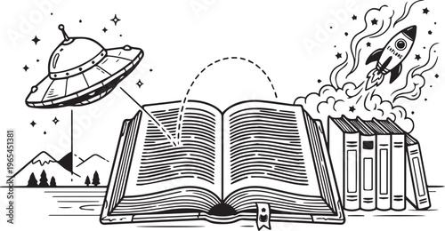 Black and white UFO rocket books vector illustration for science fiction imagination and knowledge discovery design