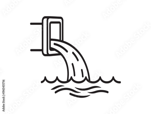 Black and white line drawing of water flowing from a rectangular pipe into wavy water