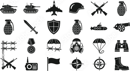 Comprehensive collection of military and war silhouette icons featuring tanks jets weapons and army equipment for professional defense and combat.