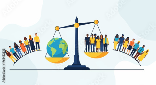 Diverse people balancing on a scale with the earth on the other side symbolizing global equality and harmony