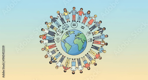 Diverse people standing around the earth unity and global connection concept symbolizing togetherness and international cooperation colorful illustration on a gradient background