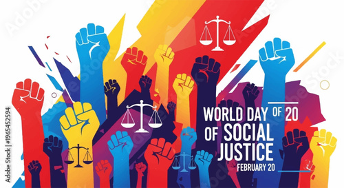 World day of social justice banner with raised fists and scales of justice on colorful background