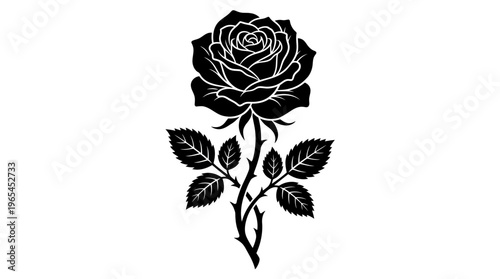 Detailed black silhouette of a blooming rose flower with thorns and leaves on white background, ideal for floral tattoo designs, vintage wedding invitations and decorative botanical graphics