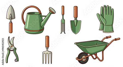 Gardening Tools Collection in Cartoon Style for Hobby, Agriculture and Sustainable Living: Assorted equipment including watering can, wheelbarrow, gloves, trowel, and shears for ba.