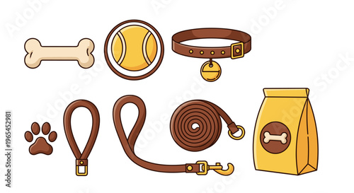 Dog Pet Supplies Vector Illustrations offer bone, tennis ball, collar, leash, paw print and food bag, perfect for marketing, pet care products, and designs that bring joy to pet ow.