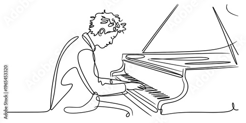 A single continuous line drawing depicting a focused musician playing a grand piano with passion Vector, illustration