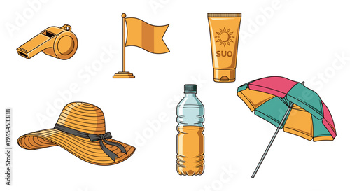 Beach essentials for summer vacation create the perfect seaside escape, including a straw hat, sunscreen, water, umbrella, whistle, and flag, promoting sun safety and leisure by th.