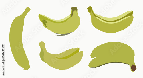 Fresh green banana fruit isolated on white background set